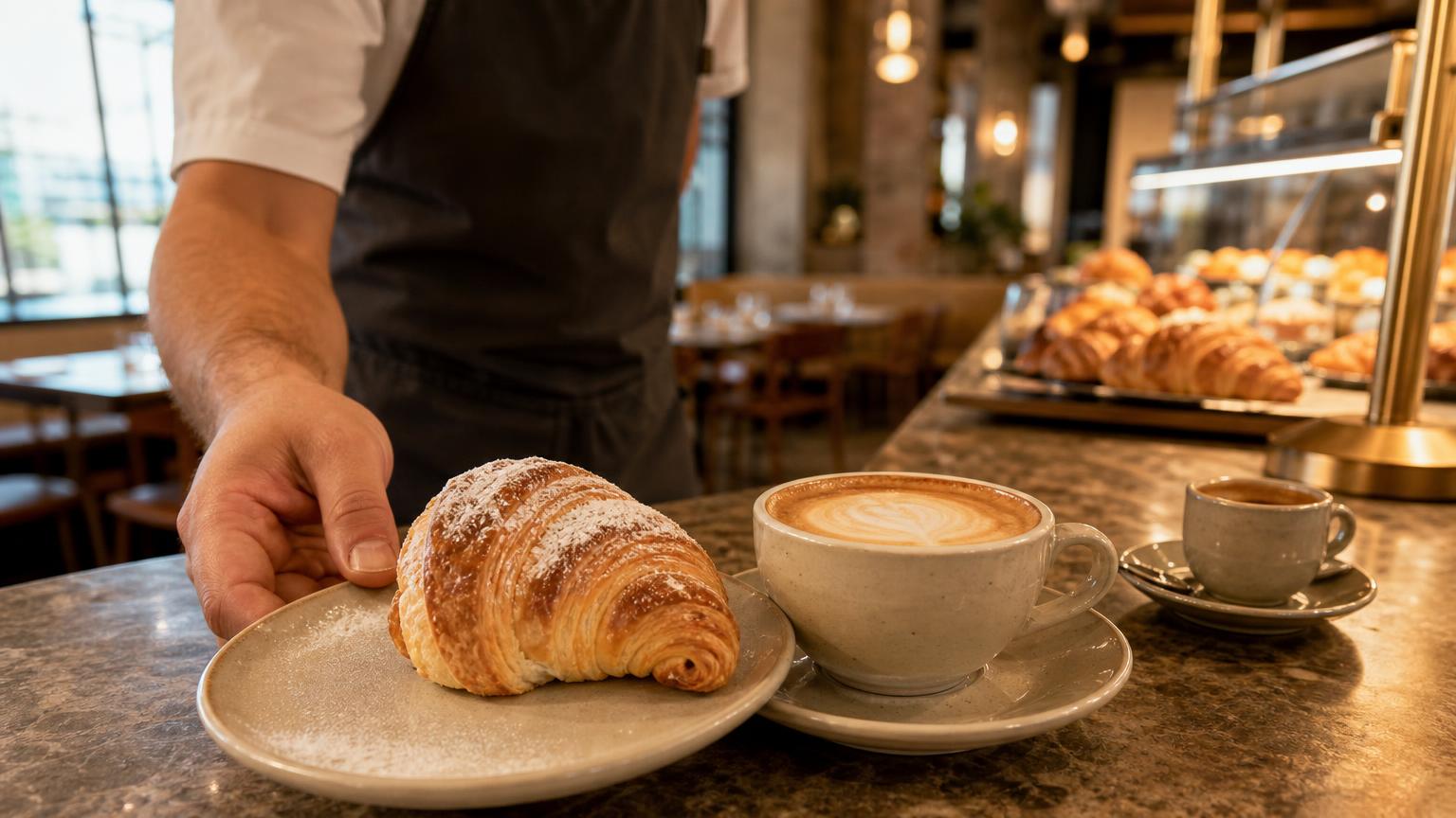 Italian coffee and breakfast pastry on a table at Milano Restaurant Cafe Bar in Newstead