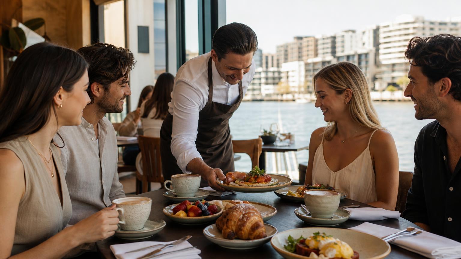 Breakfast table beside the Brisbane River at Milano Restaurant Cafe Bar in Newstead