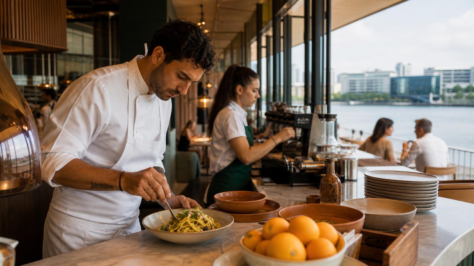 Set dining table beside the Brisbane River at Milano Restaurant Cafe Bar in Newstead