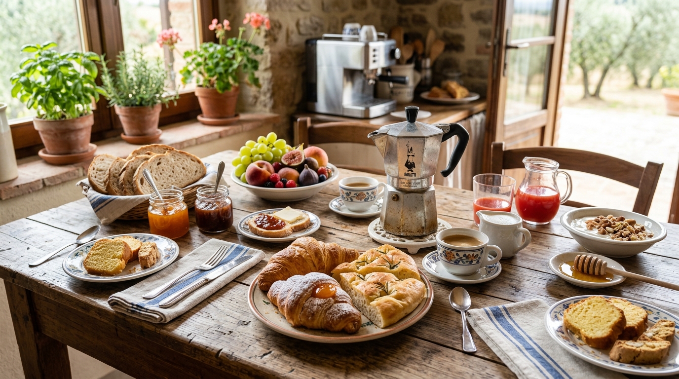Assortment of authentic Italian breakfast dishes including pastries, cured meats, cheeses, and fruit
